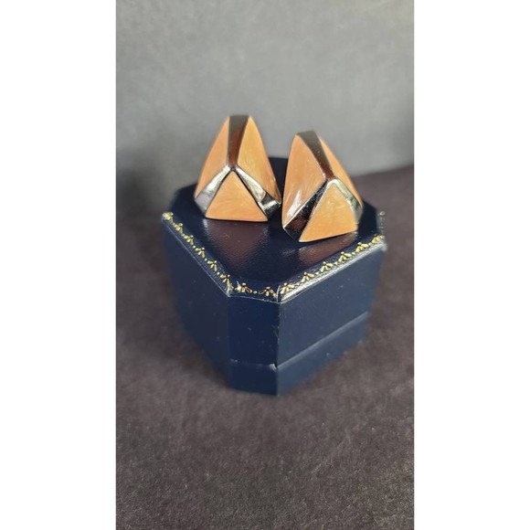 Triangular Silver and Apricot Screwback Earrings - Picture 7 of 10